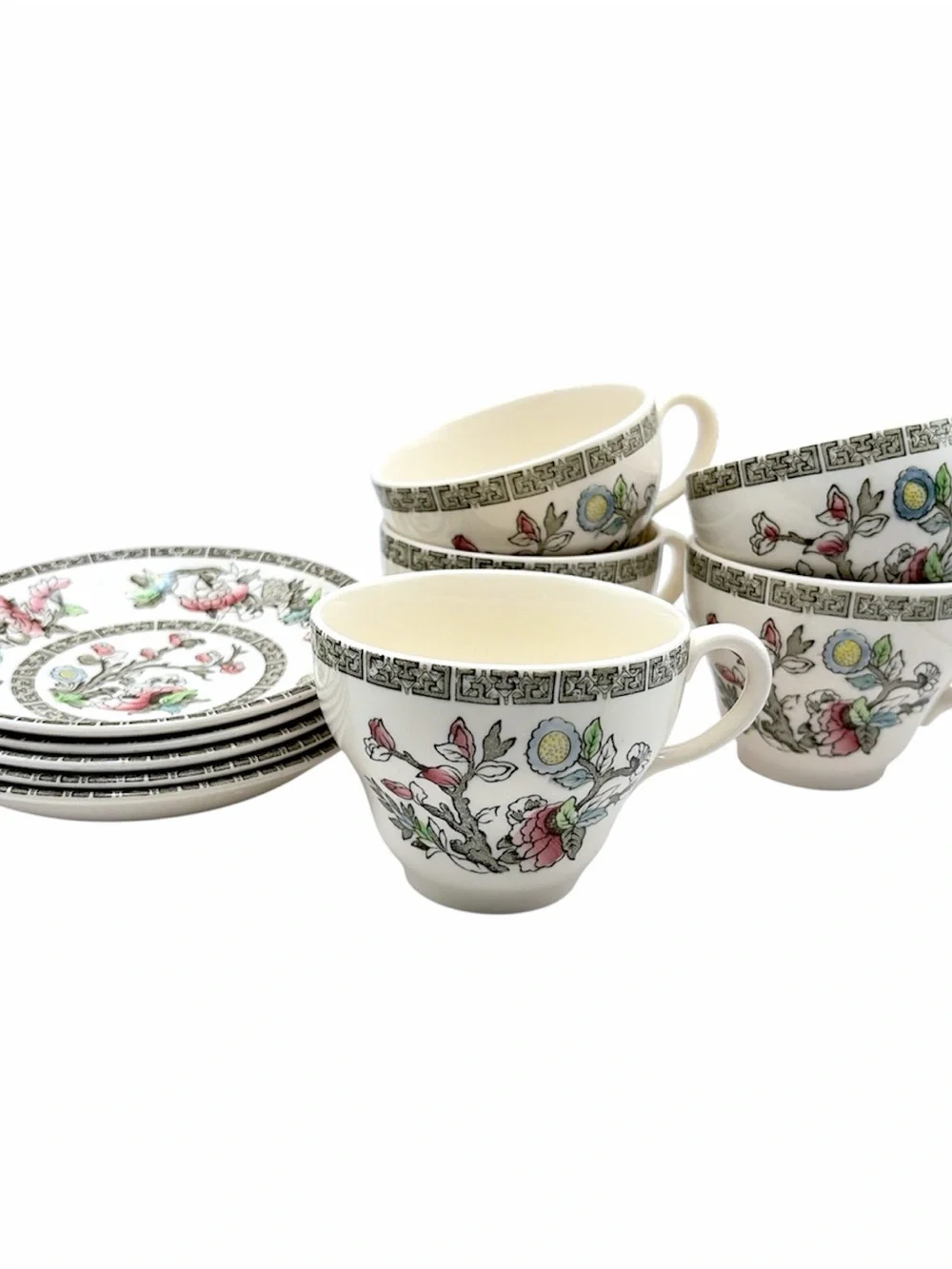 Set of Five Johnson Brothers Indian Tree Teacups & Saucers Ironstone England